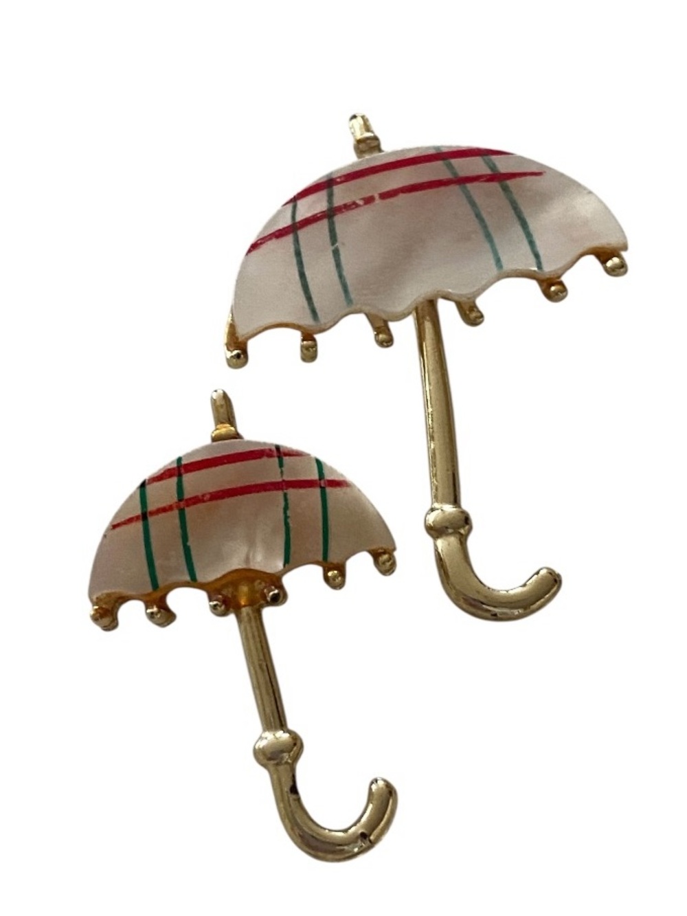 Gold Umbrella Pin Pair with White Enamel and Plaid Stripes vintage